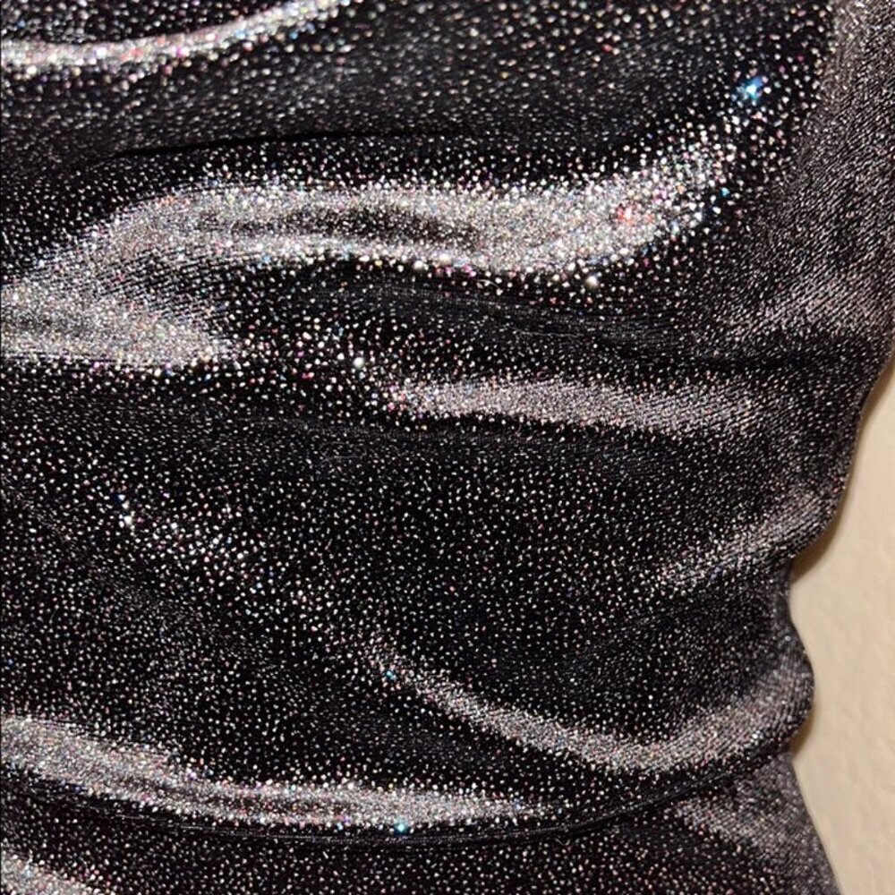 NEW Iris Elegant Black Glitter Dress knee length cowl neck spaghetti strap SZ M - Picture 8 of 11